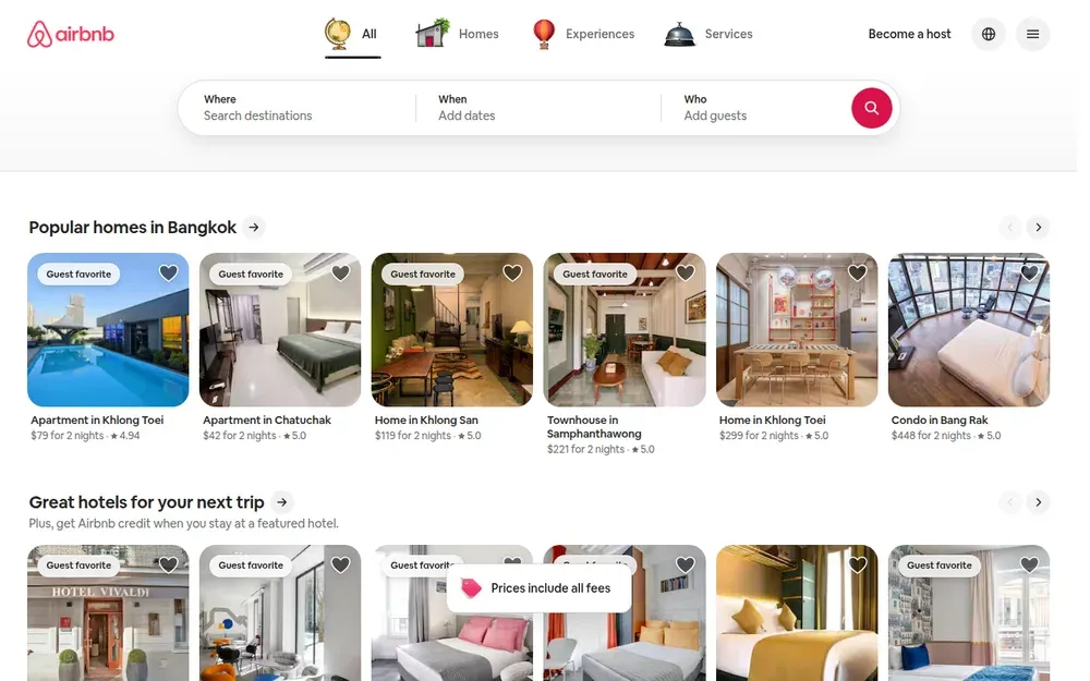 Airbnb — Short-term stays in other people's homes, booked directly with the host.