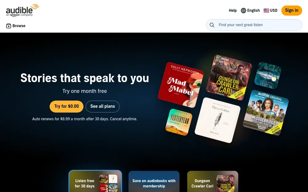 Audible — Audiobooks and audio originals, bought individually or through a monthly credit.