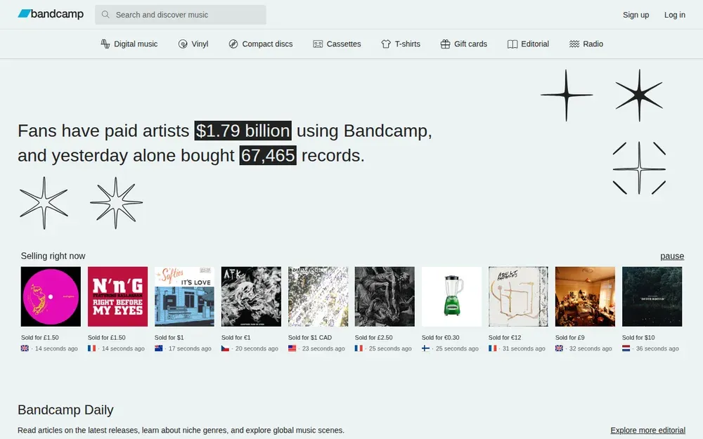 Bandcamp — A store where musicians sell their music and merchandise directly to fans.