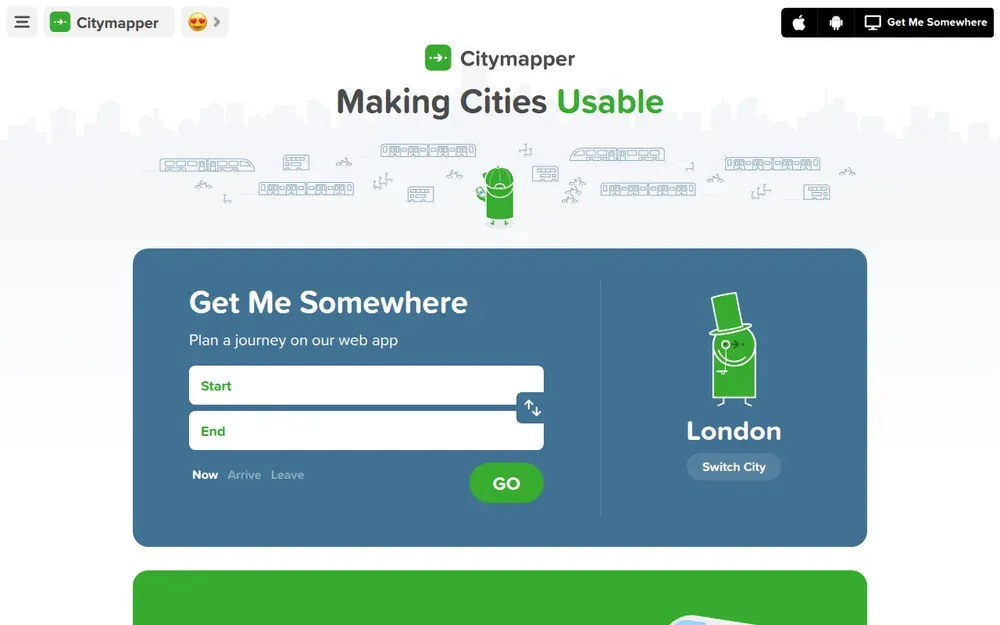 Citymapper — Door-to-door journey planning across buses, trains, bikes and walking, with live departures.