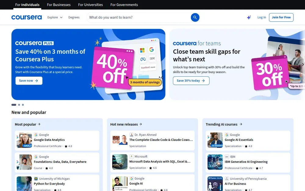 Coursera — Online courses and degrees from universities and companies, with video lectures and graded assignments.