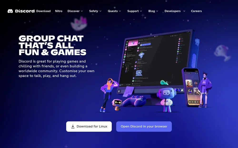 Discord — Communities organised into servers with text channels, voice rooms and video calls.
