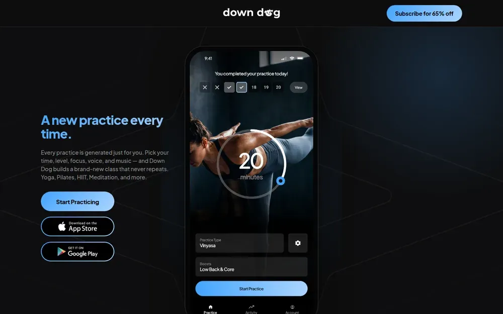 Down Dog — Generates a new yoga practice each time from your chosen length, level and focus.