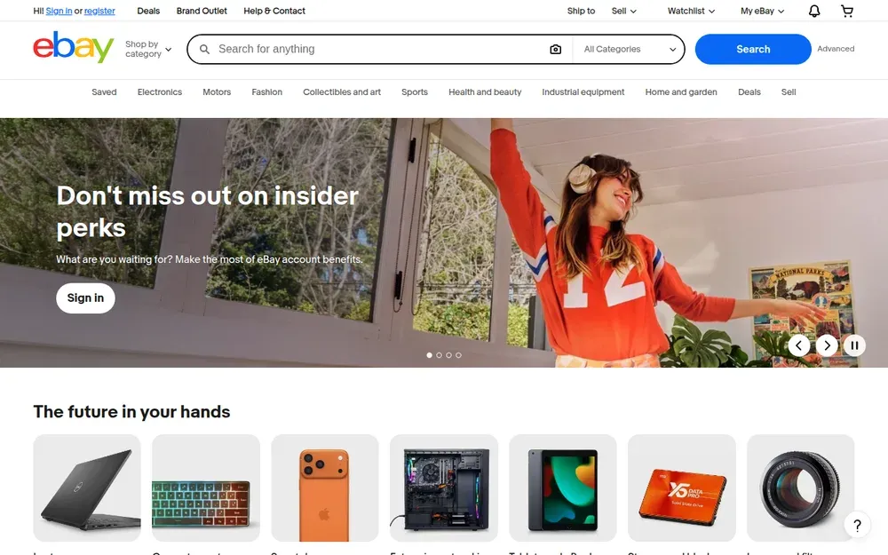 eBay — Buy and sell new and used goods through auctions and fixed-price listings.