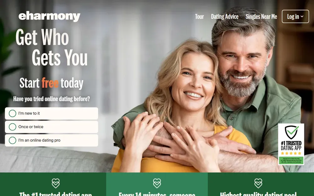 eharmony — A relationship-focused dating service that starts with a long compatibility questionnaire and then sends selected matches.