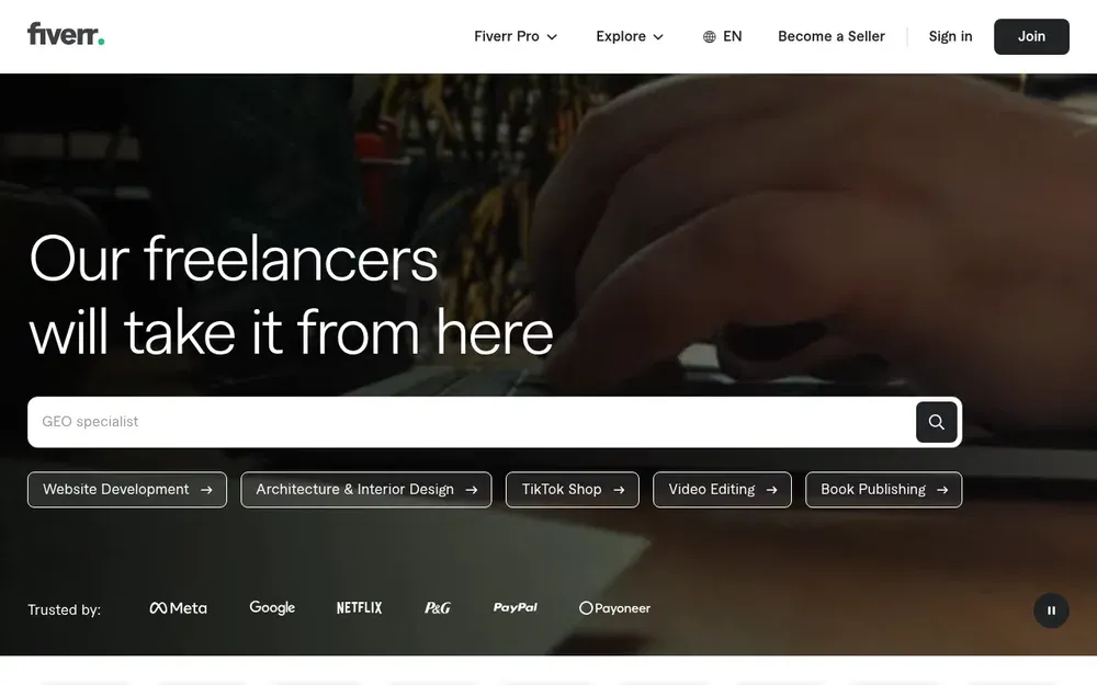 Fiverr — Freelancers sell fixed-price services as packaged "gigs" that clients buy like products.