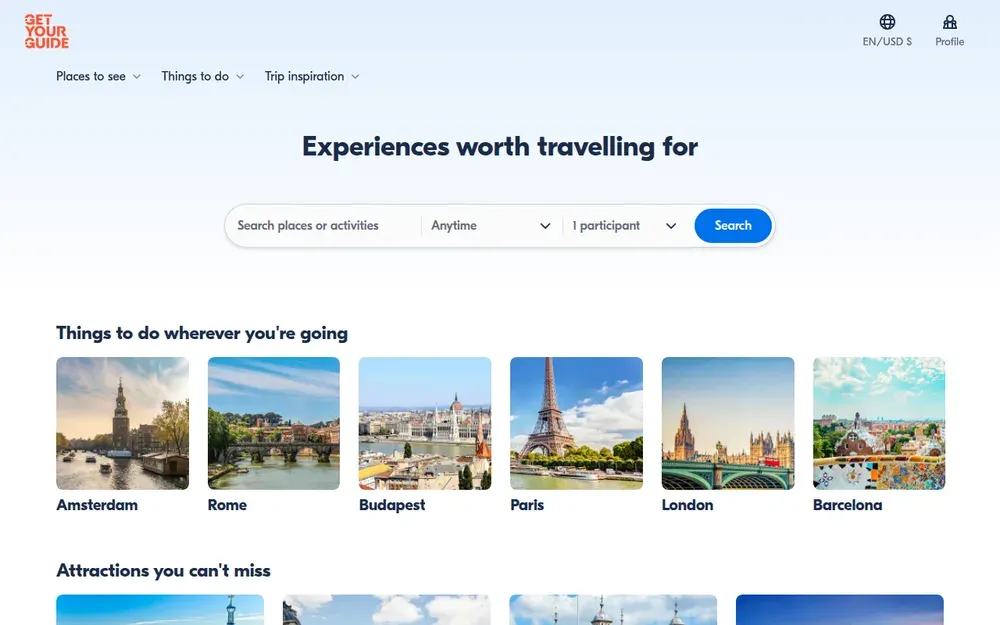 GetYourGuide — Books tours, attractions and activities at destinations, with mobile tickets.