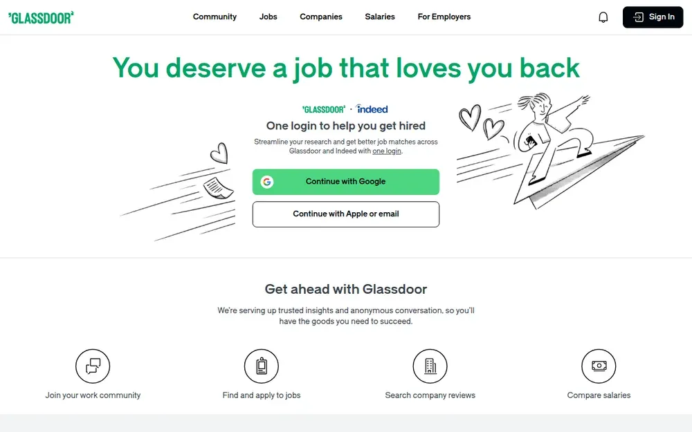 Glassdoor — Anonymous company reviews, salary reports and interview questions, next to job listings.