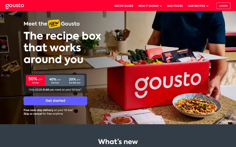 Gousto — A recipe-box subscription: pick meals each week and the exact ingredients arrive with step-by-step cards.