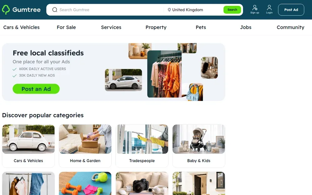 Gumtree — The UK's local classifieds: cars, furniture, flats, pets and jobs, listed free and sold nearby.