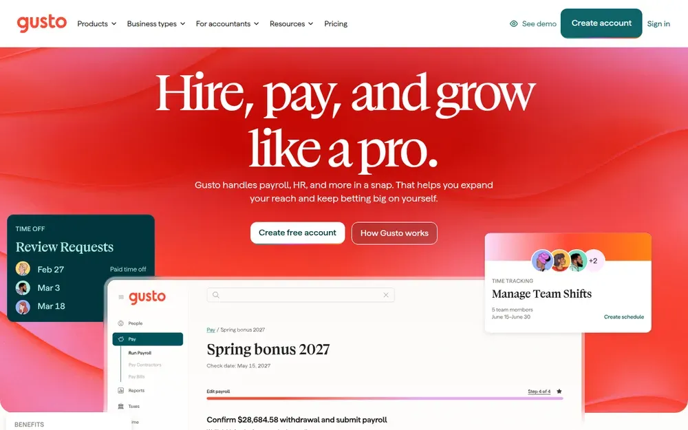 Gusto — Payroll, benefits and HR software for small businesses, including employee onboarding and time off.