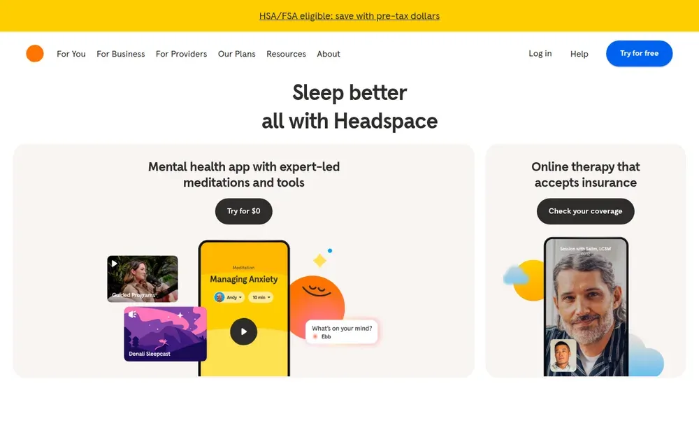 Headspace — Guided meditation and sleep content, organised into courses and daily sessions.