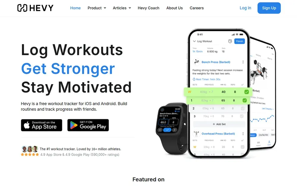 Hevy — Logs gym workouts set by set and tracks strength progress over time.