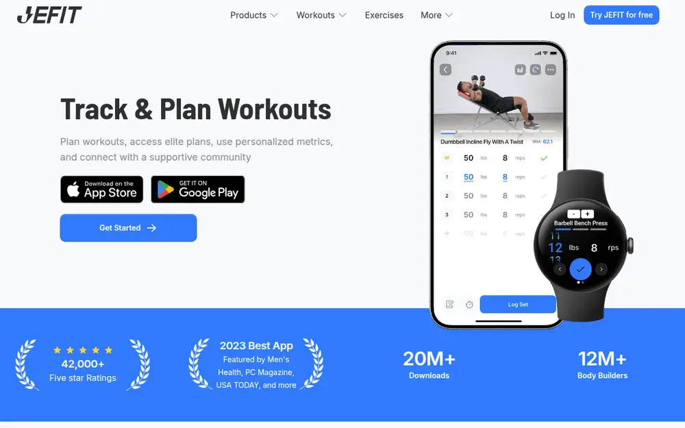 JEFIT — A workout planner and logger with a large exercise database and shared routines.