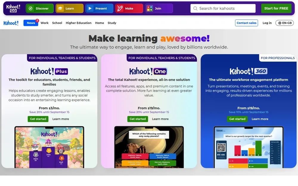 Kahoot! — Live quiz games teachers and presenters host on a screen while players answer on their phones.