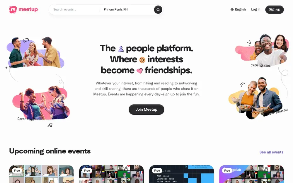 Meetup — Groups around shared interests that meet in person, from hiking clubs to tech talks.