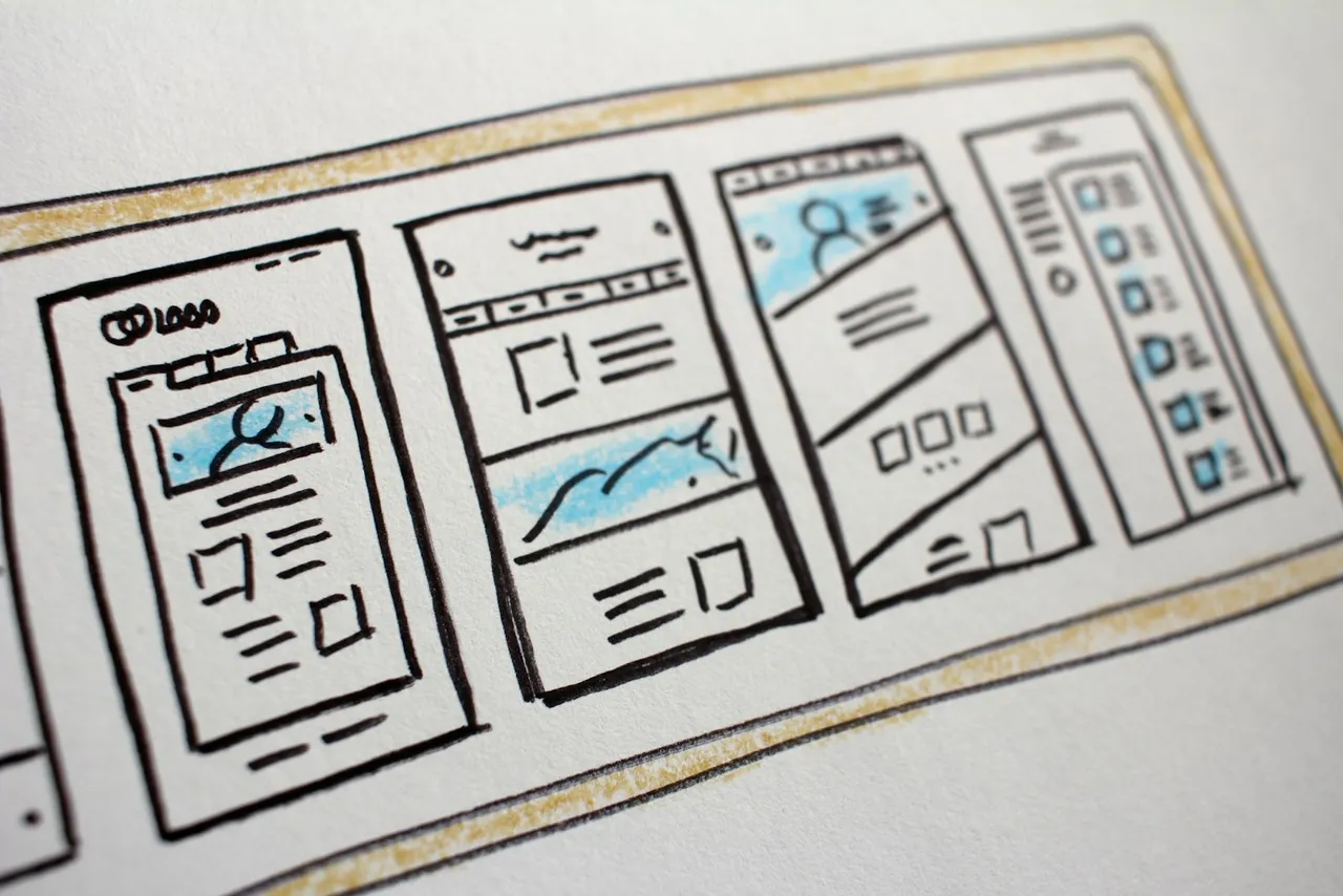 Hand-drawn smartphone app screens in a row, with blue and yellow highlights