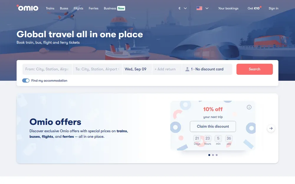 Omio — Compares and books trains, buses, flights and ferries across Europe and beyond in one search.