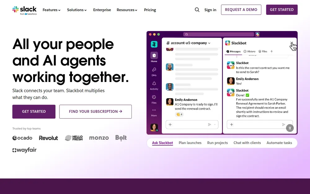 Slack — Team messaging organised into channels, with threads, calls and app integrations.