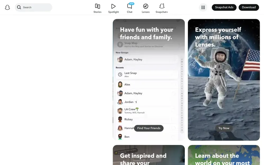 Snapchat — Messaging with photos and videos that disappear after they are viewed, plus stories and camera lenses.