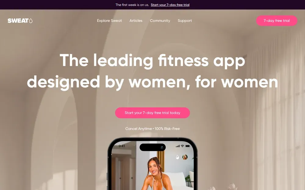 Sweat — Trainer-led workout programmes for women, from home workouts to gym-based strength training.