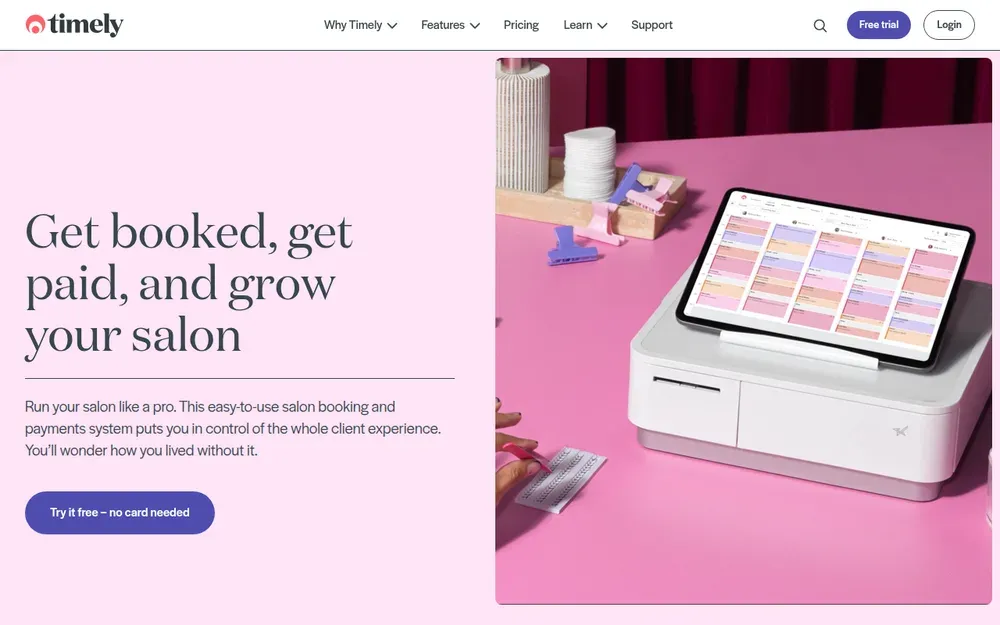 Timely — Salon and spa software: online booking, a calendar for the team, payments and client records in one place.