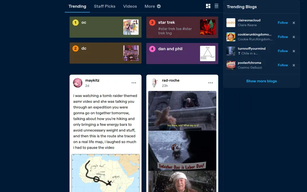 Tumblr — A microblogging platform for posting text, images, GIFs and audio and reblogging what others share.
