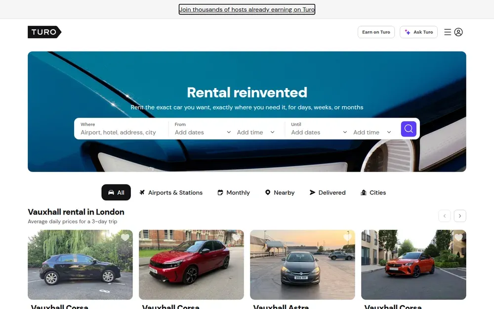 Turo — Rent cars directly from their owners, by the day, in cities and at airports.