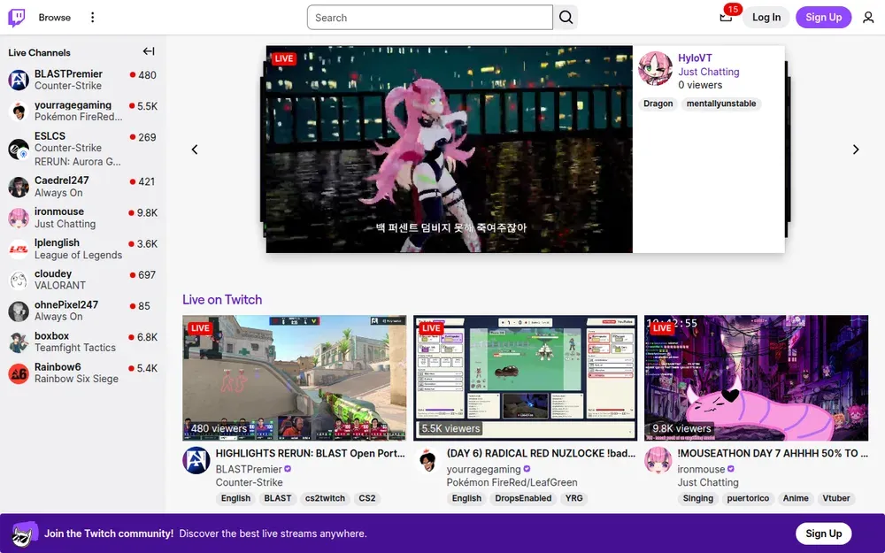 Twitch — Live video streaming with chat, built around games and creators.