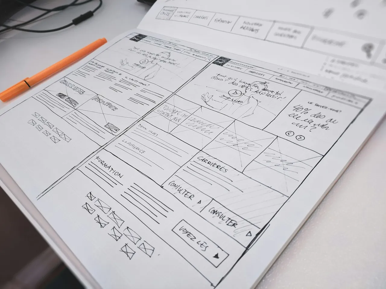 A hand-drawn website wireframe on paper with an orange pen