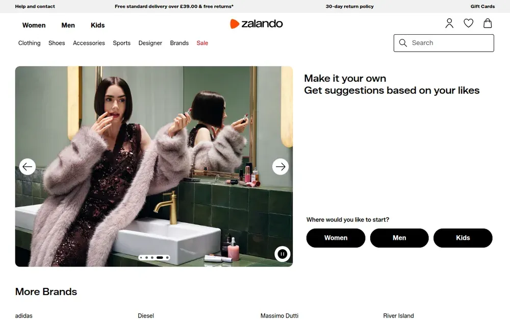 Zalando — An online fashion and shoe retailer serving most of Europe, with free returns.