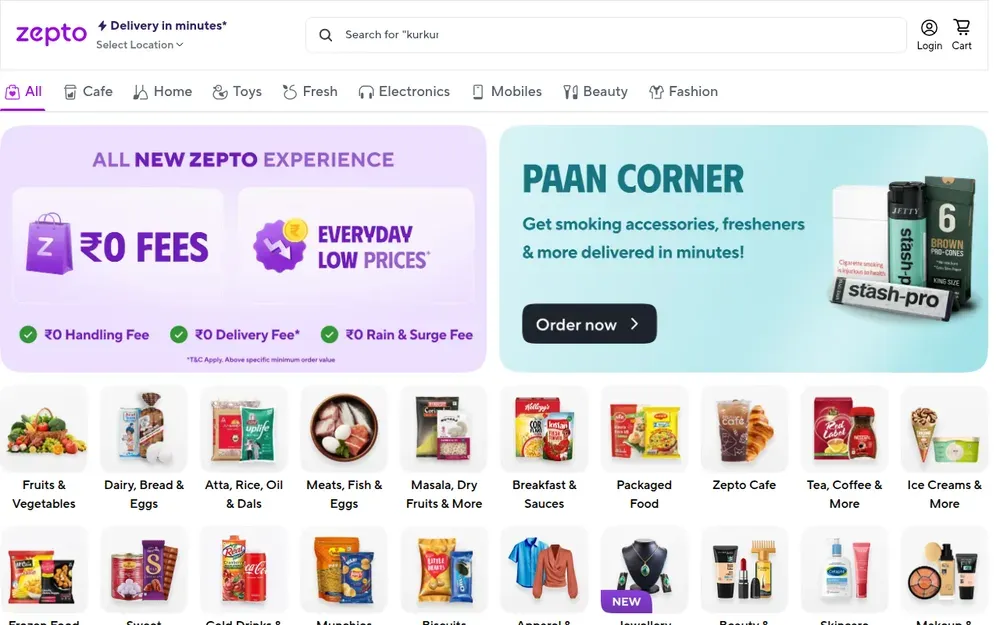 Zepto — Groceries delivered in about ten minutes from small warehouses across Indian cities.